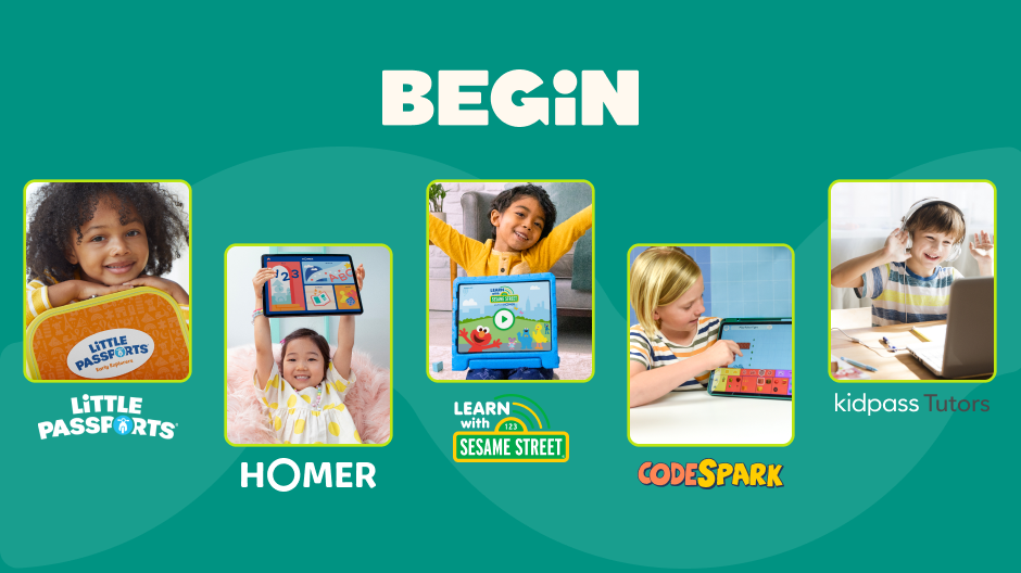 Logos and images representing the five Begin brands: Little Passports, HOMER, Learn with Sesame Street, codeSpark, and kidpass Tutors
