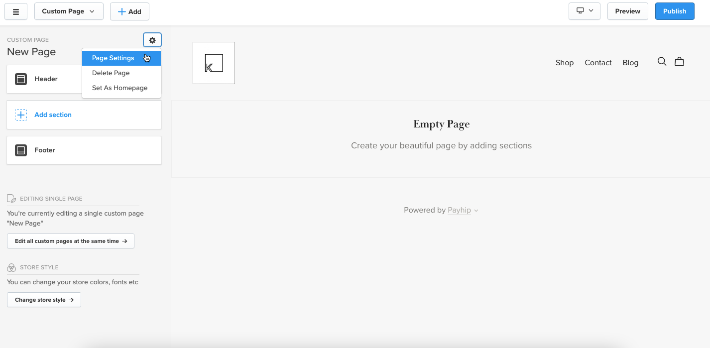 Accessing the additional options for a custom page in Payhip's store builder 