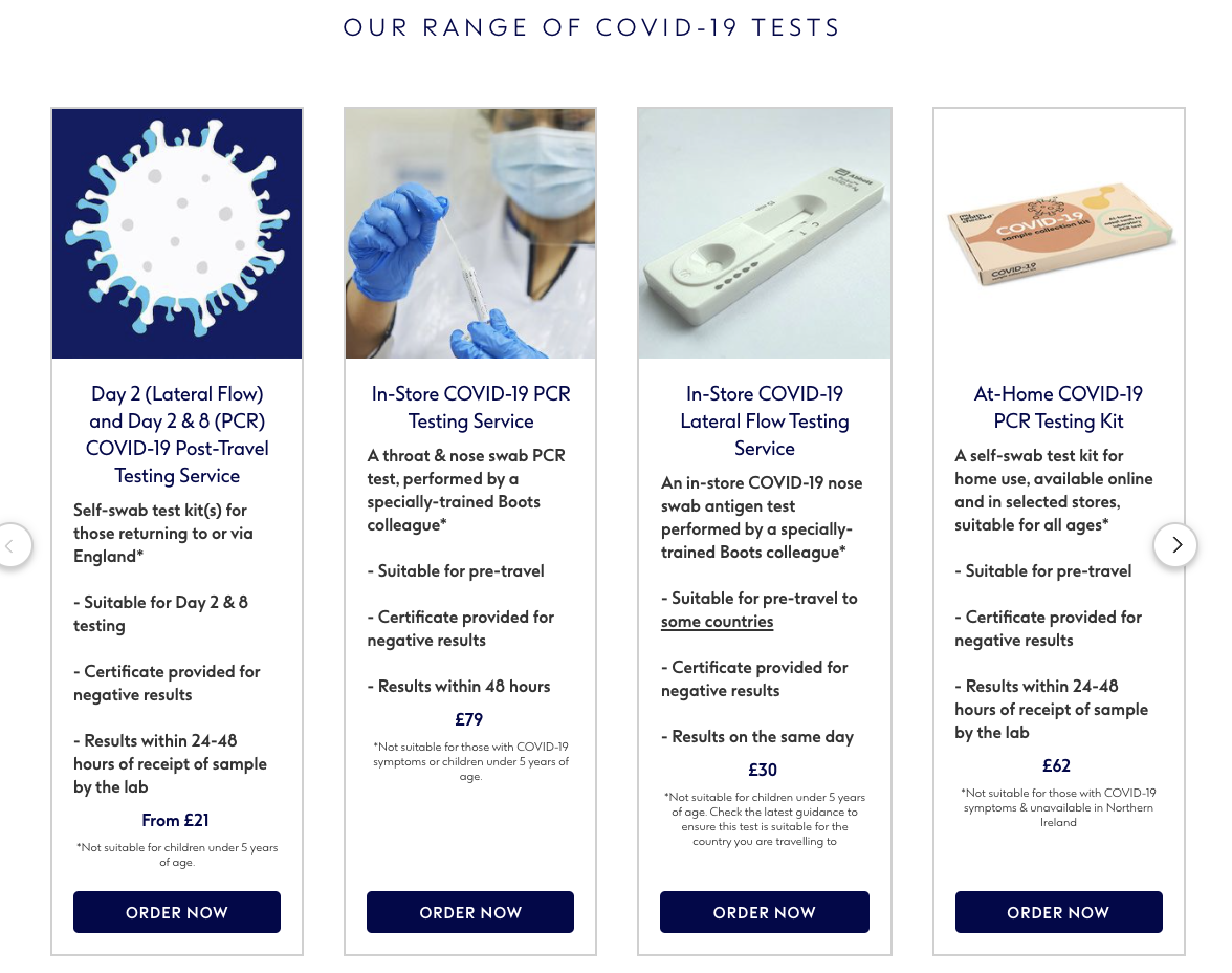 These show the covid test purchasing options available to users. They're clear, simple, and obvious - which are perfect user experience design principles.