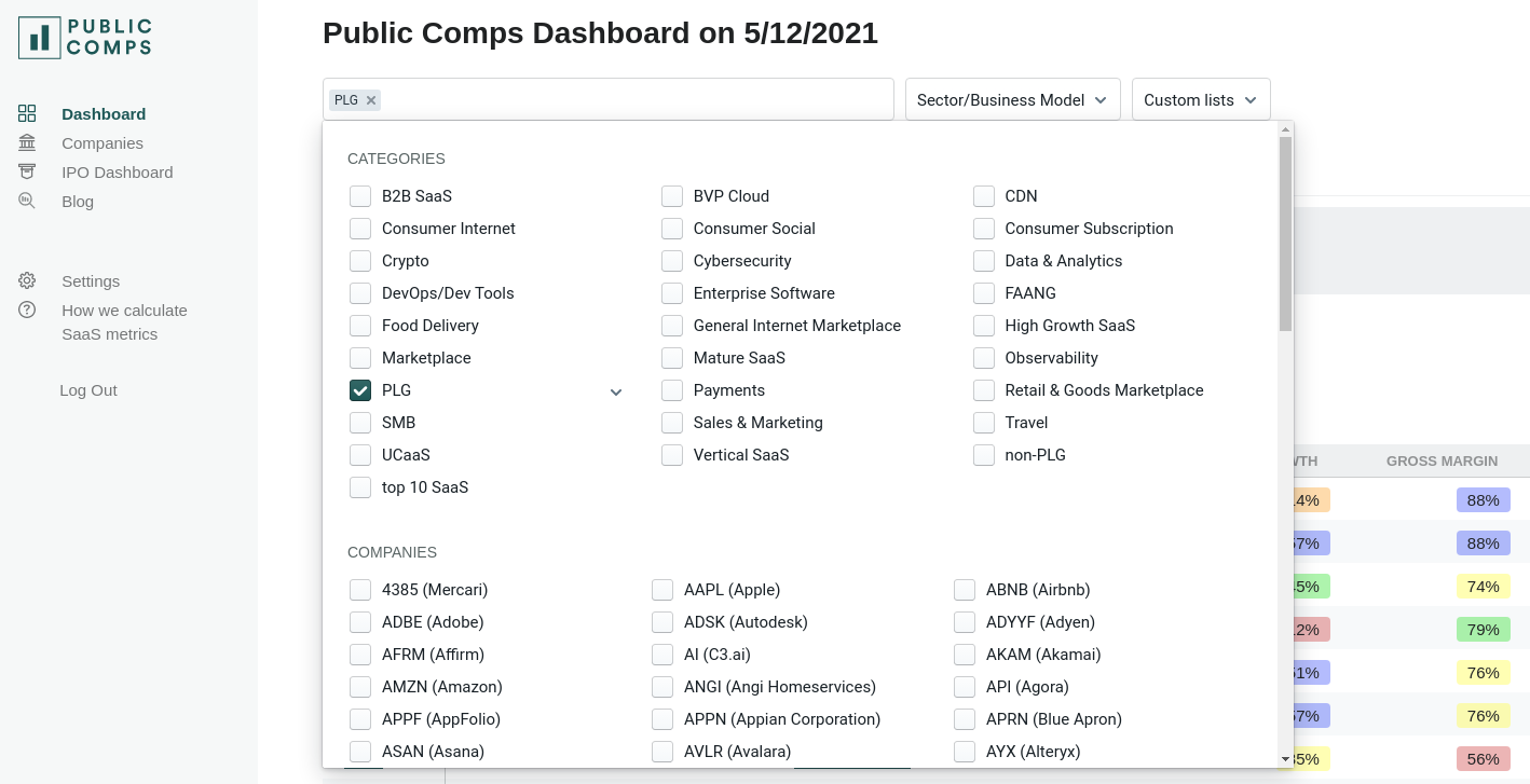 Public Comps dashboard and available filters.
