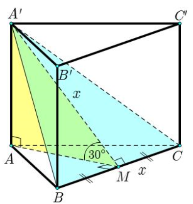 Cho khối lăng trụ đứng (ABC.A'B'C' ) có đáy là tam giác đều. Mặt phẳng ((A'BC)) tạo với đáy một góc (30^circ ) và tam giác (A'BC) có diện tích bằng (32 ). Thể tích của khối lăng trụ đã cho bằng</p> 1