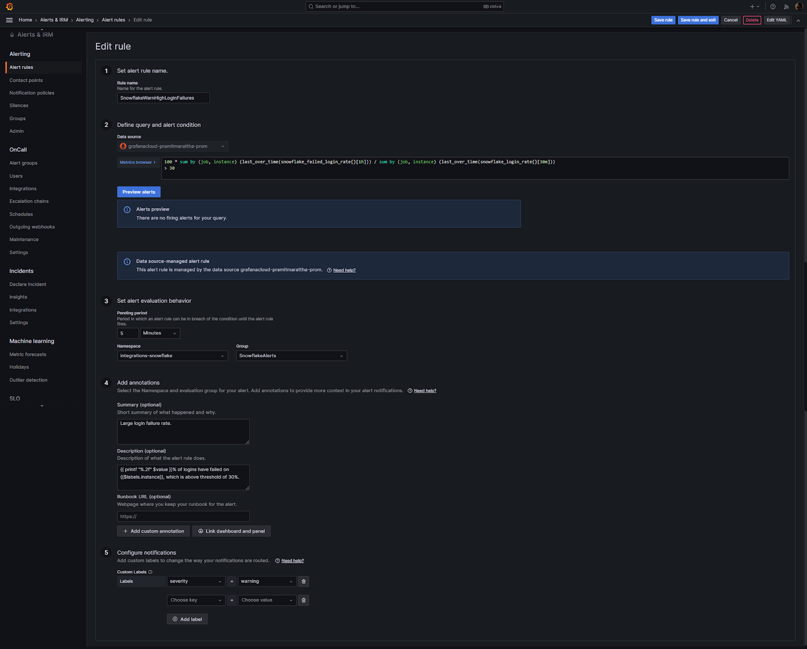 Editing alerts opens menu to adjust metrics, expressions, and thresholds that trigger notifications - grafana snowflake - snowflake integration - grafana cloud - grafana dashboard - grafana alerts - snowflake grafana - grafana dashboard examples - grafana monitor - grafana alerts examples - Snowflake monitor