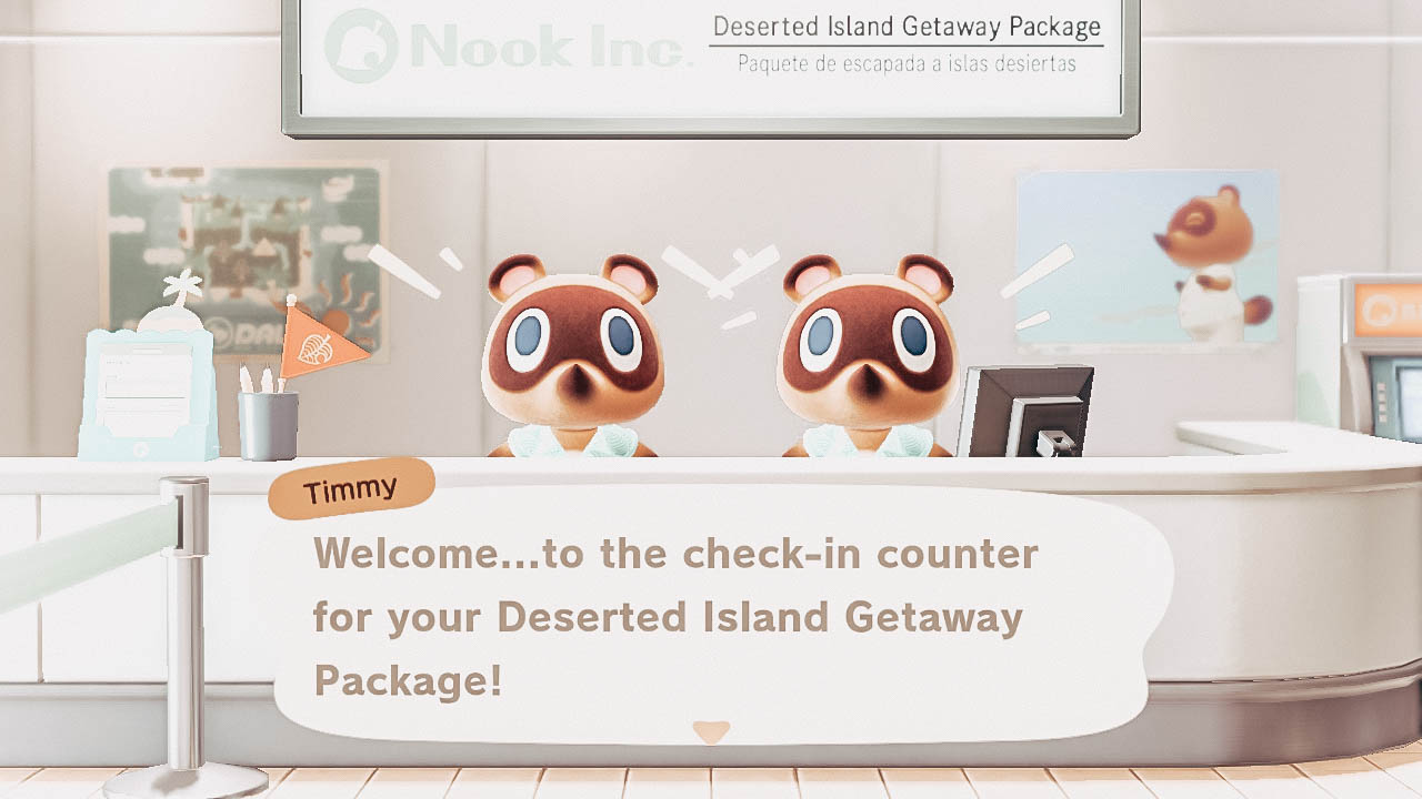 A screenshot from Animal Crossing: New Horizons. Timmy and Tommy are behind a counter, and the Timmy says "Welcome... to the check-in counter for your Deserted Island Getaway Package!" 