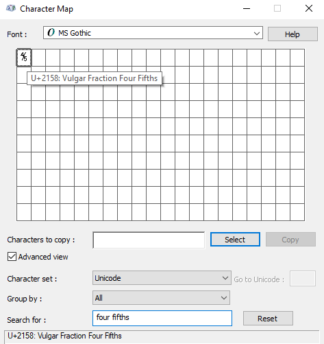 searching for four-fifths symbol in character map view