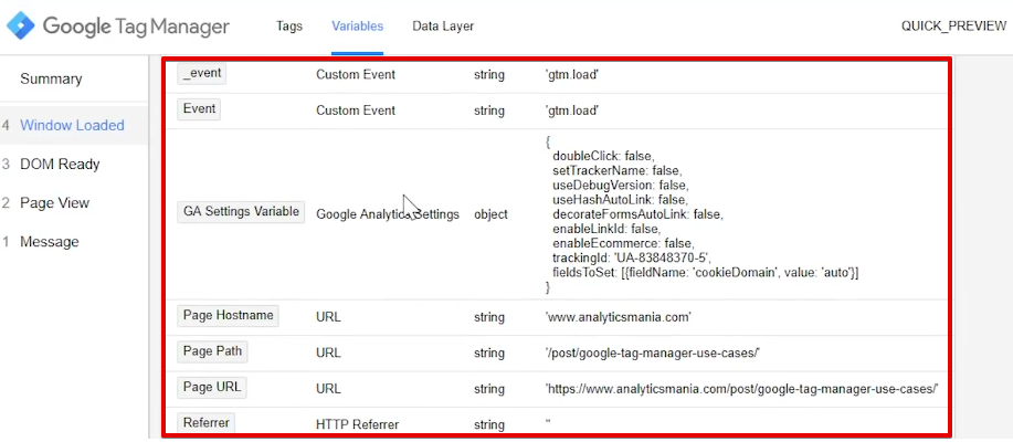 Verifying a variable from the Google Tag Manager extension on the website