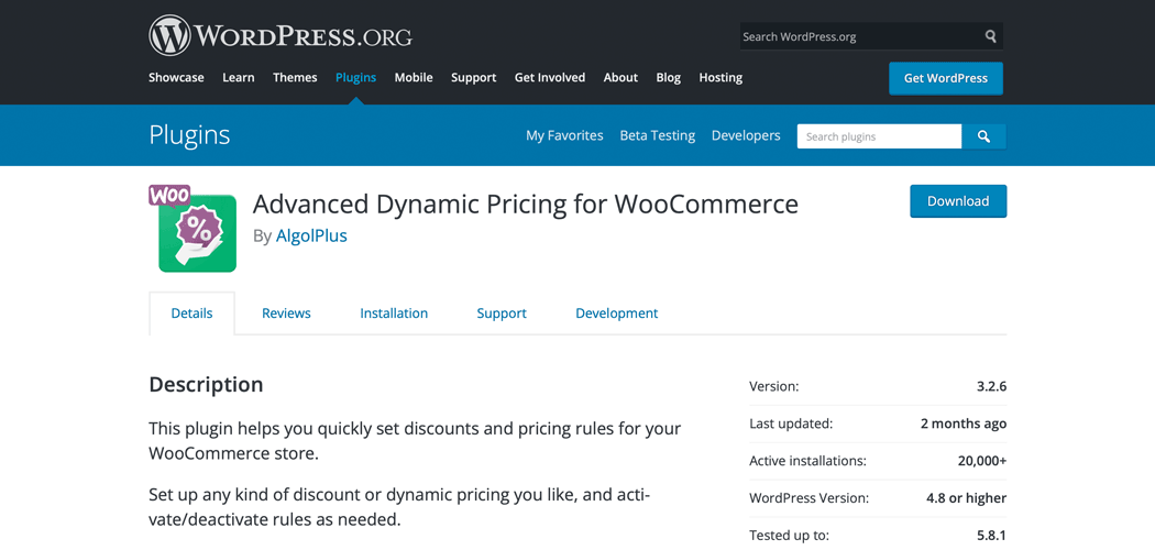 Advanced Dynamic Pricing for WooCommerce plugin page.