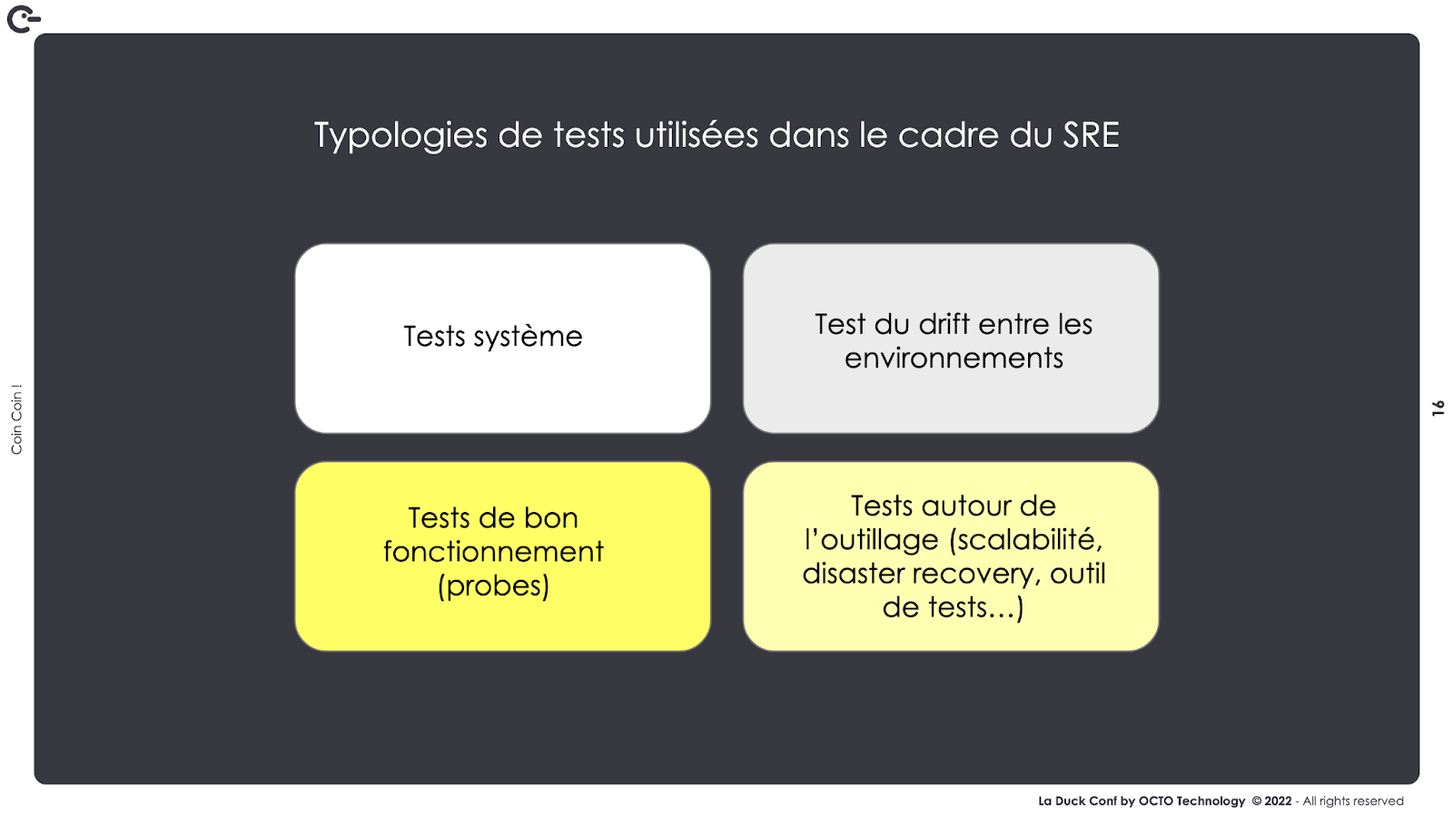 4 types de tests : Tests syteme, tests de drift entre les environnements,, tests de bon fonctionnement (probes) et tests d'outillage (scalabilité, recovery, etc...).