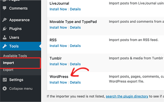 Instale o importador do WordPress