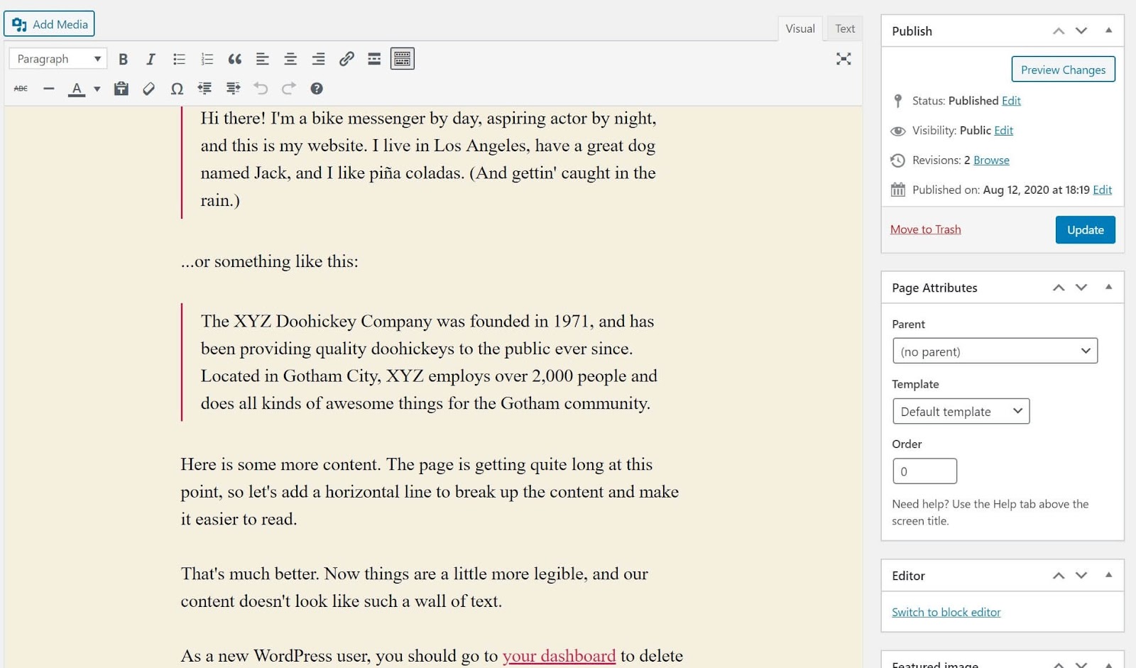 Screenshot of how to add a row separator in WordPress Classic editor