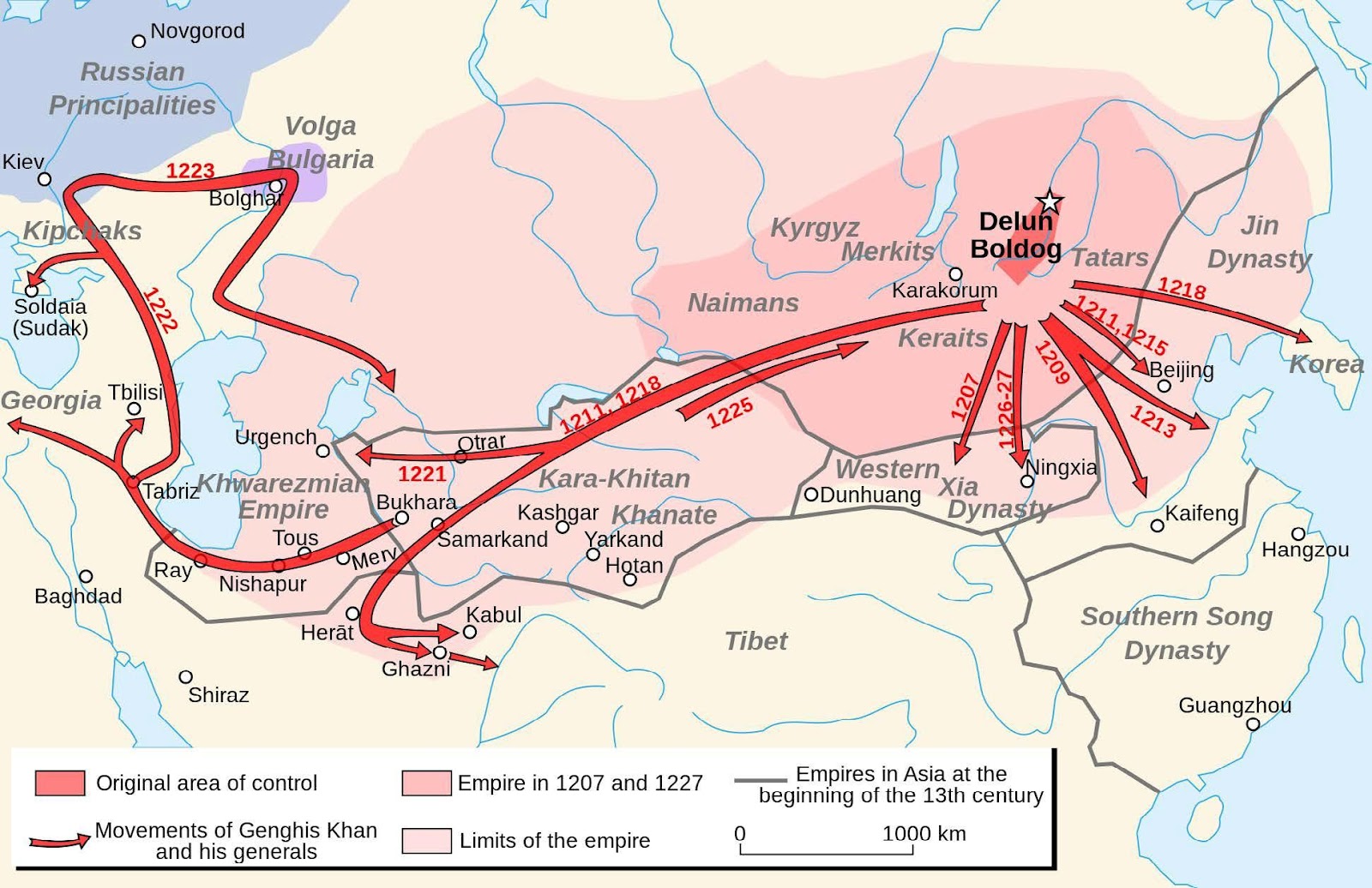 Map of Mongol Empire as it expanded during the first waves of conquests, from 1207-1225