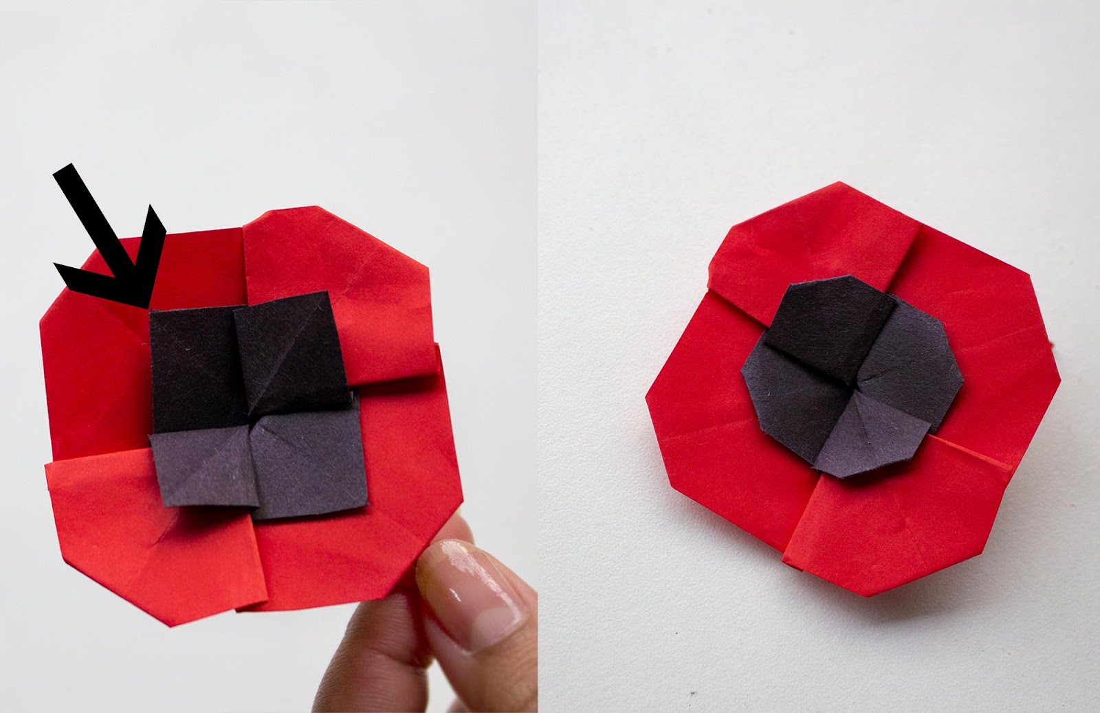 Poppy origami flower with squared pistil
