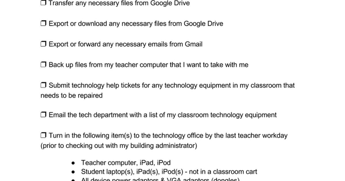 End of Year Master Technology Checklist
