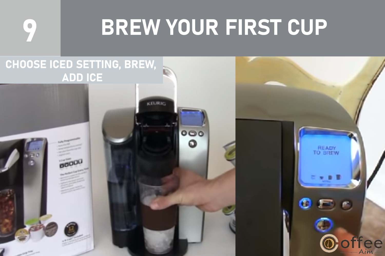 To make an Iced Beverage, place a tall glass with ice on the Drip Tray base. Choose a K-Cup, select the 3.25 oz brew size, and press the brew button. After brewing, add more ice and customize with cream and sugar as desired.