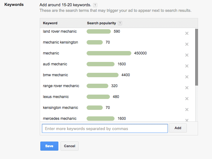 Google AdWords keywords