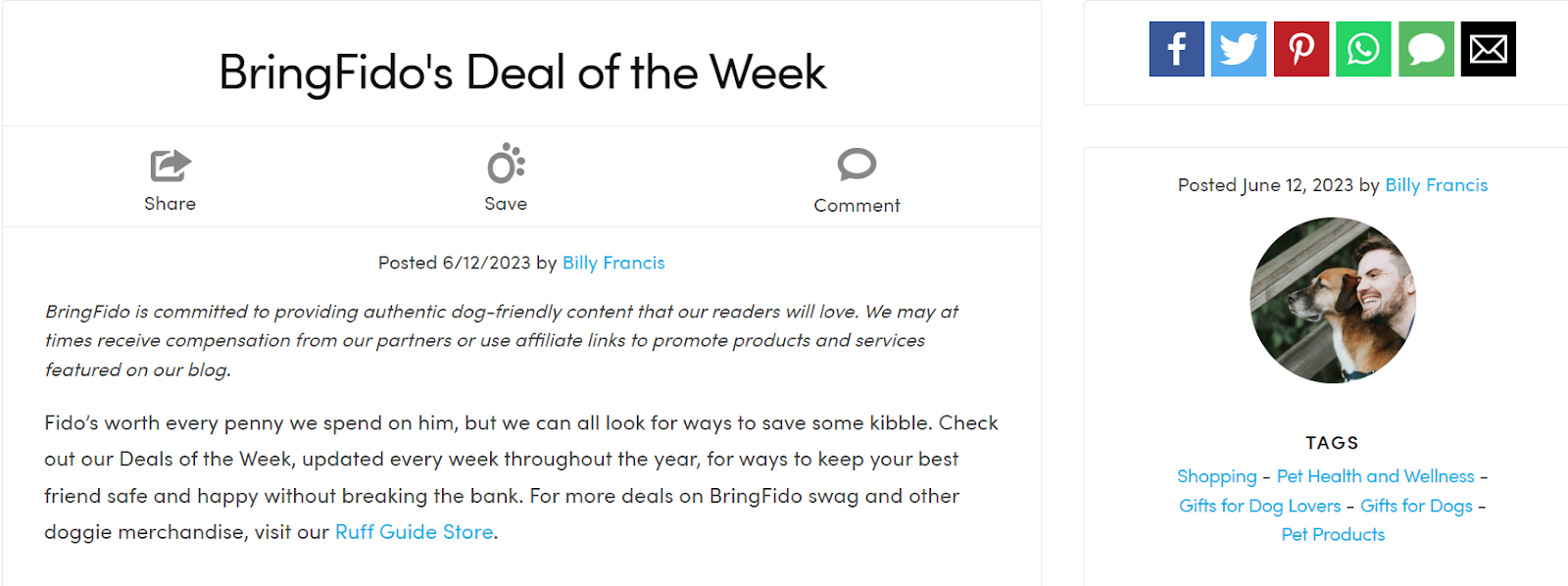 Screenshot of "BringFido's deal of the week" blog post authored by Billy Francis