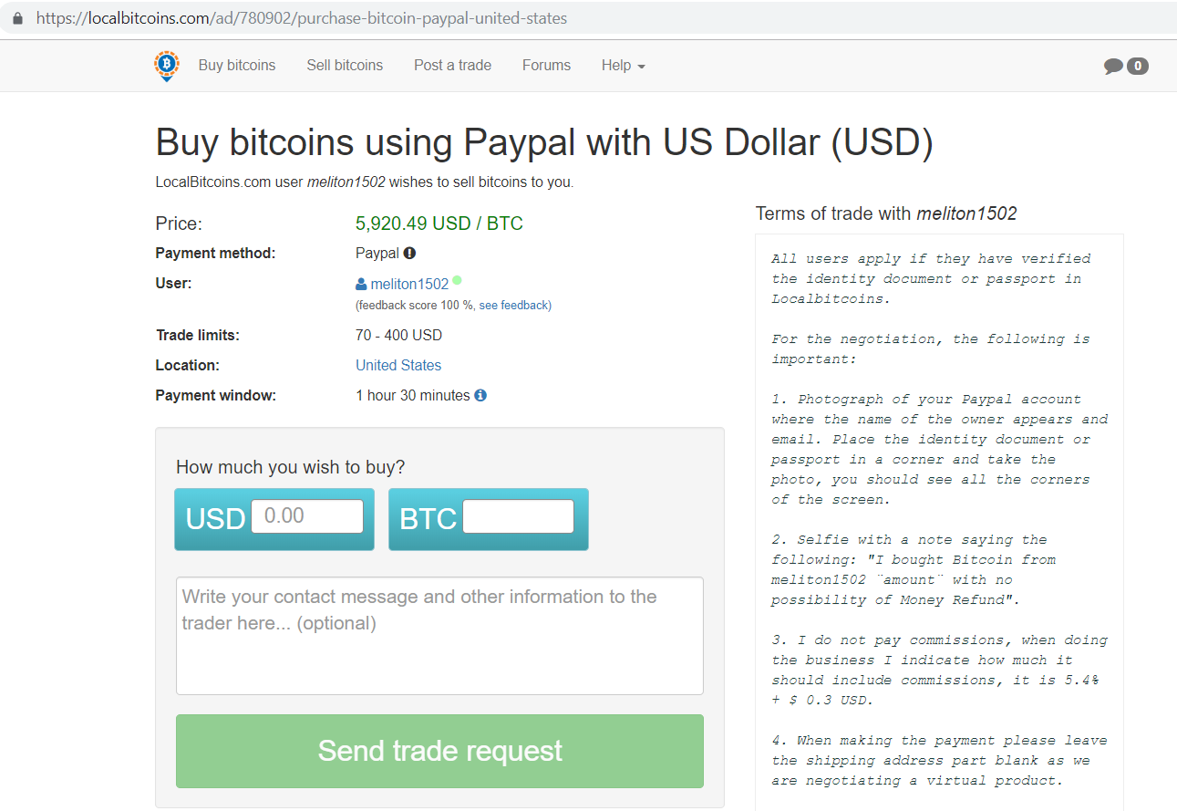 Localbitcoins.com buy bitcoins using Paypal with US dollar screen.