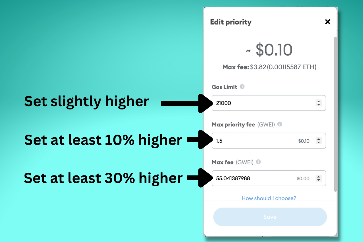 Editing the transaction priority in Metamask.