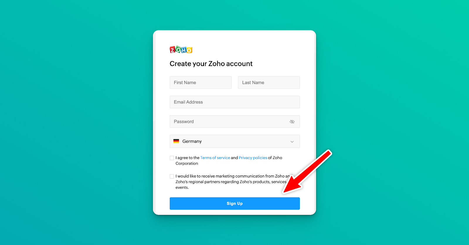 Create a Zoho account (registration page)