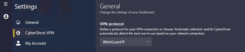 CyberGhost WireGuard protocol settings