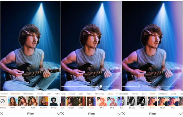 Foto de um homem tocando guitarra, agora em um fundo com luz azul sendo editada pelo AirBrush com a ferramenta Filtro