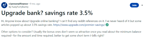 A person on Reddit asking around for an Upgrade bank review. 