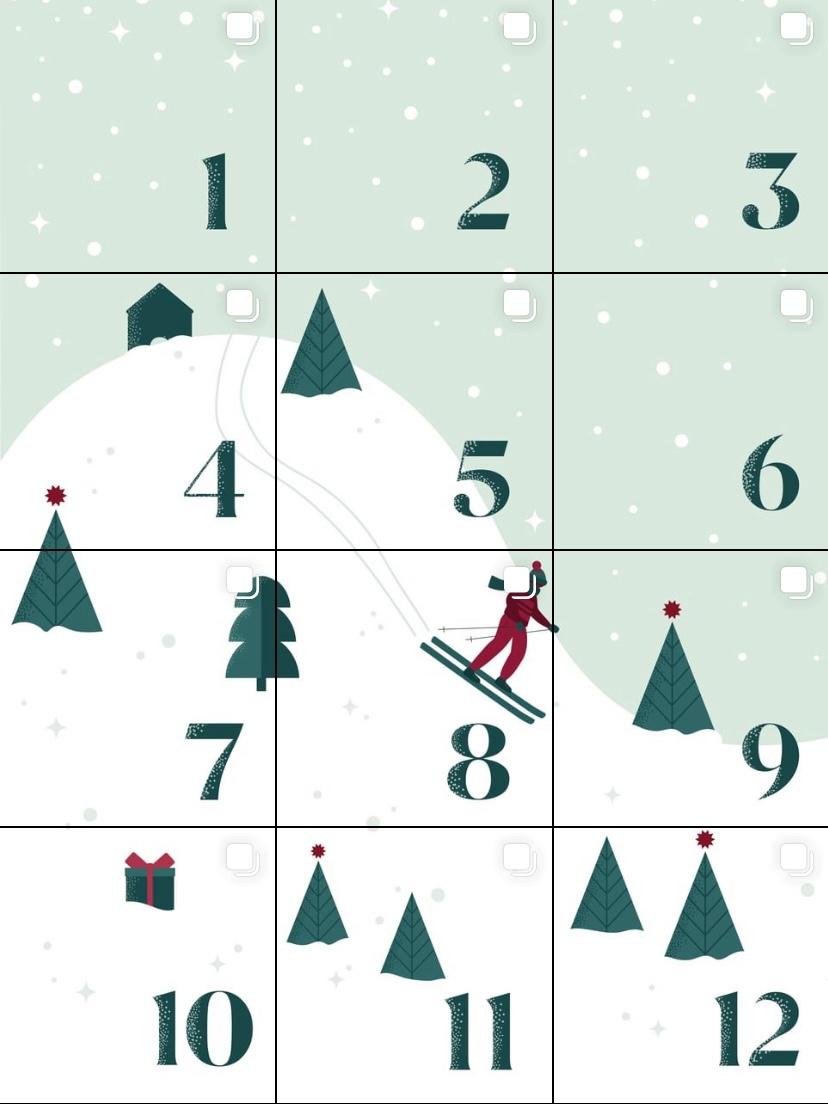 Snowy cartoon Image with a skiier and evergreen trees on an advent calendar on Instagram - used an Instagram Strategy example
