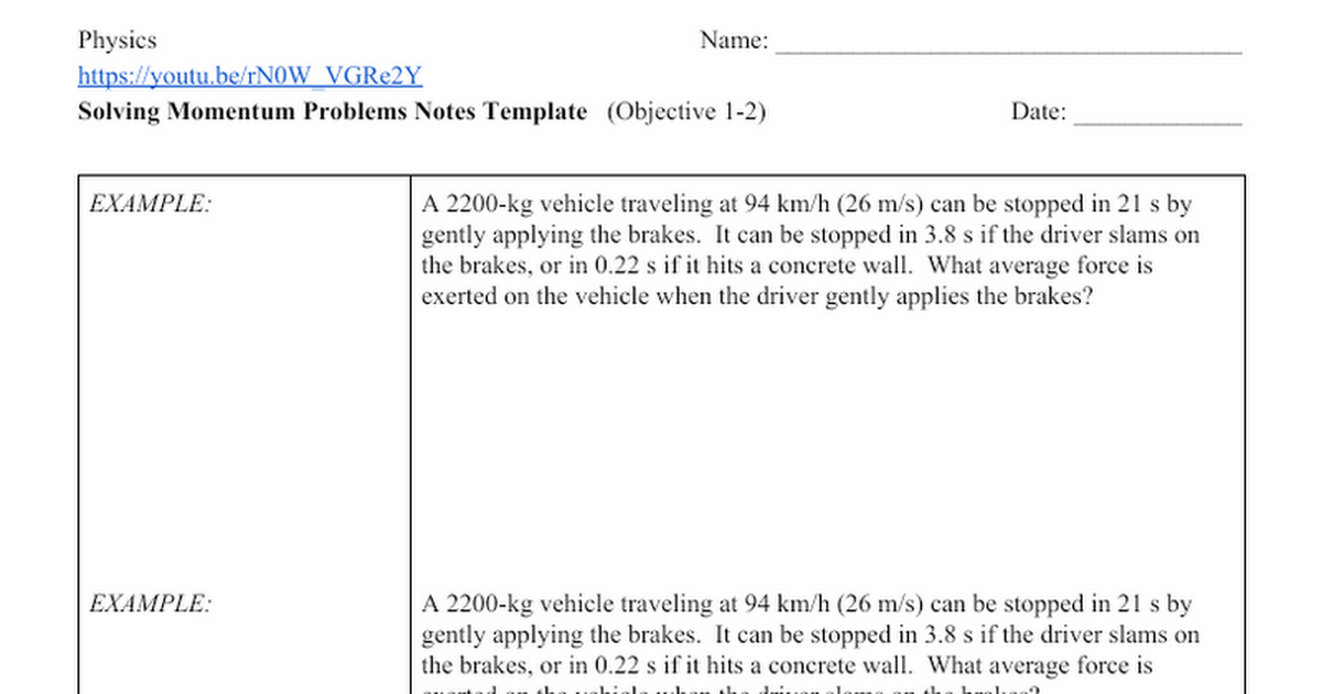 Solving Momentum Problems Notes Template