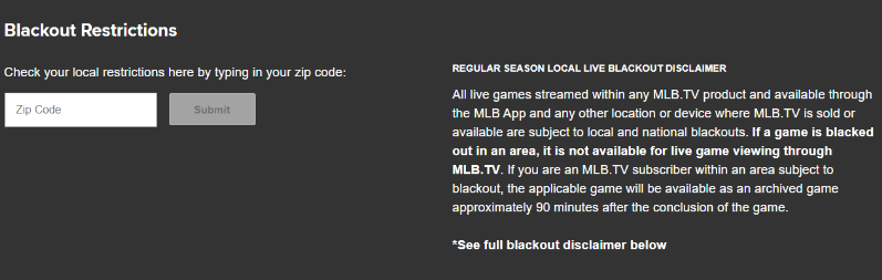 MLB.TV Blackout restrictions screen