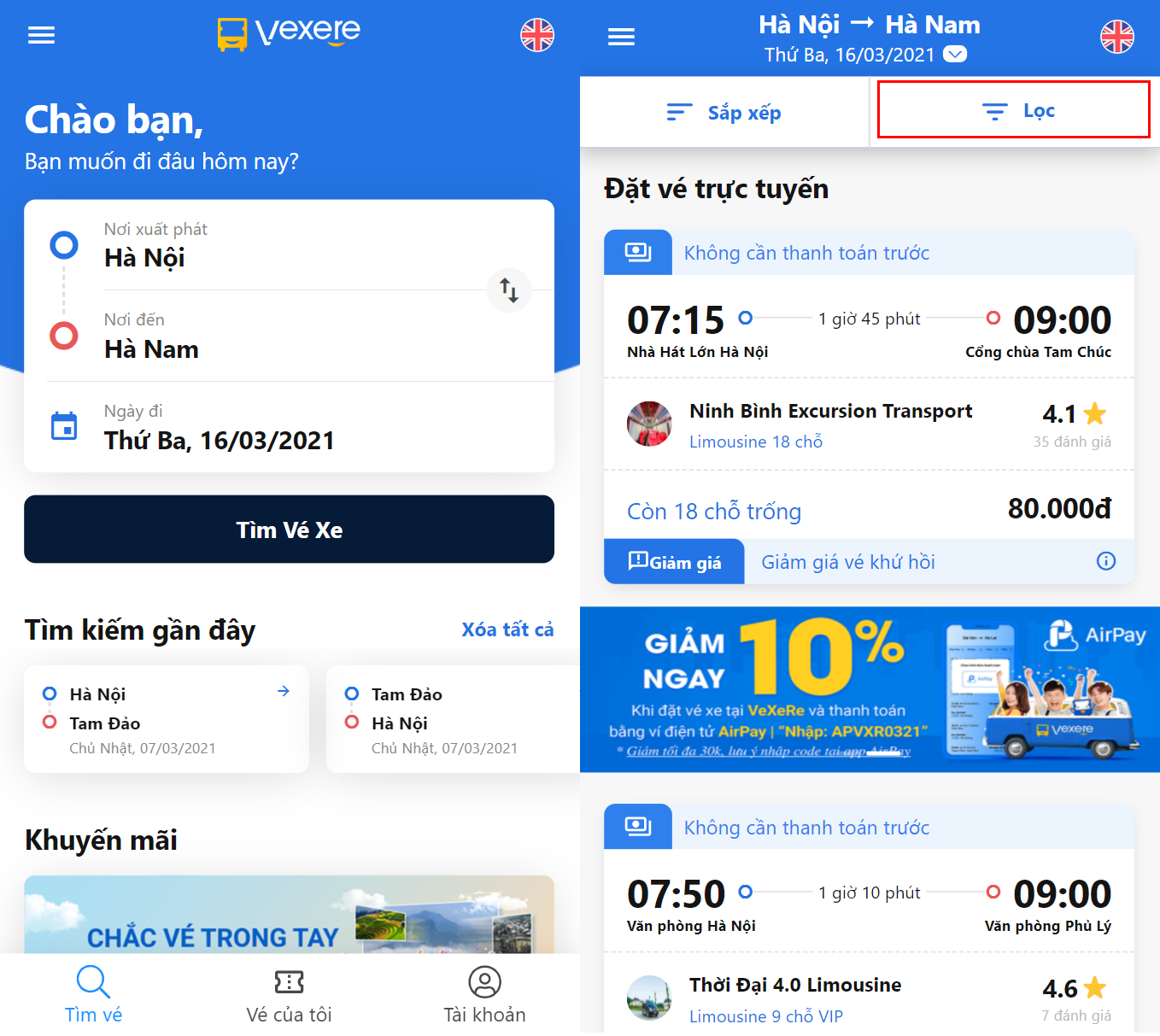Dùng bộ lọc chọn xe Cát Bà Express.
