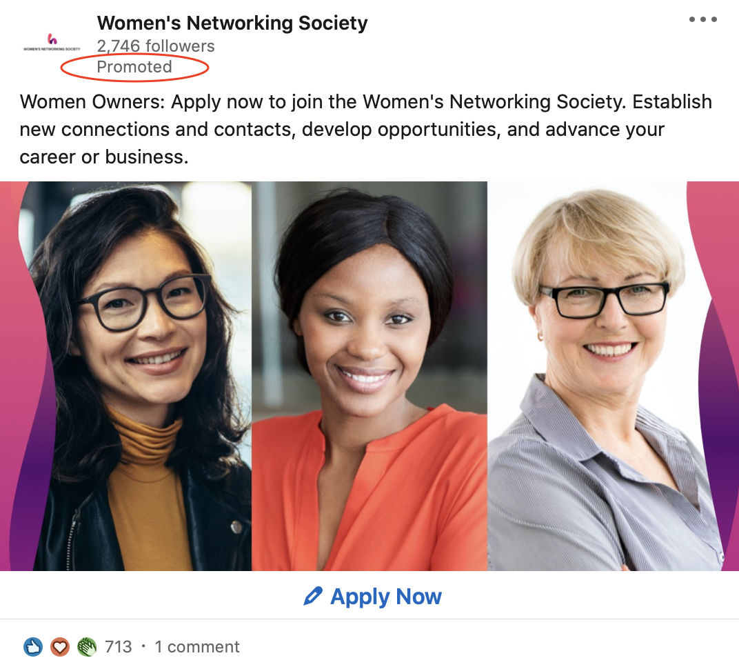 Women's Networking Society's LinkedIn promoted post