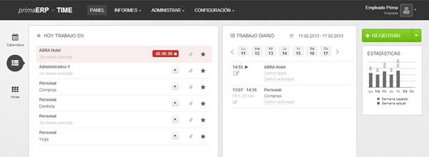 El panel de la agenda en primaERP TIME TRACKING. El panel de la agenda en primaERP TIME TRACKING.