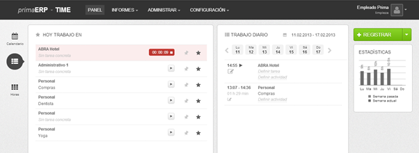 El panel de la agenda en primaERP TIME TRACKING.