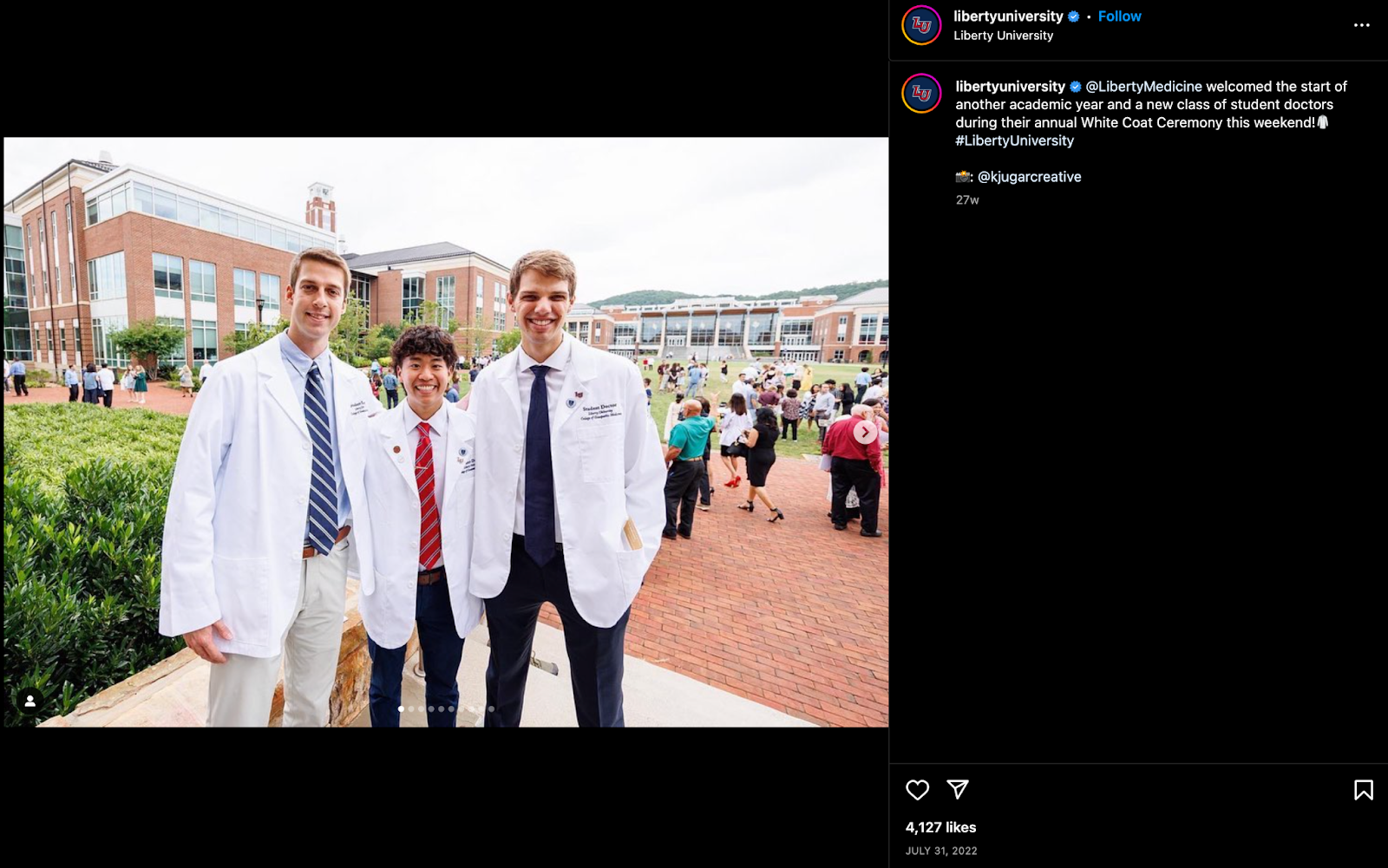 Image showcasing Liberty University's pre-med student's wearing their medical coats