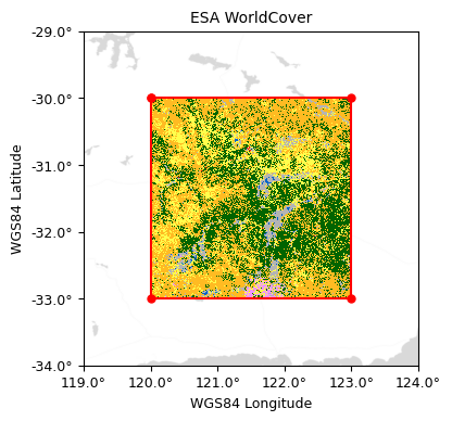 An ESA WorldCover tile of land cover classes bounded by a four-point polygon in WGS84. 