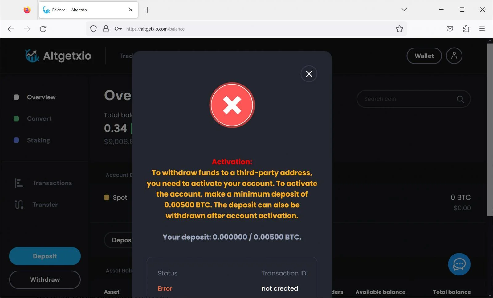 The scam website asks users to deposit 0.005 BTC to activate the account. Source: BleepingComputer