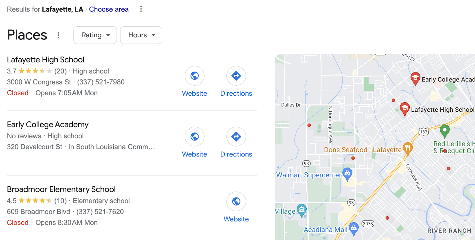 the google 3-pack for local search results in lafayette la