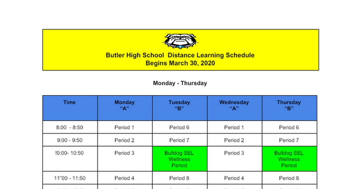 Butler High School Distance Learning Schedule Google Docs