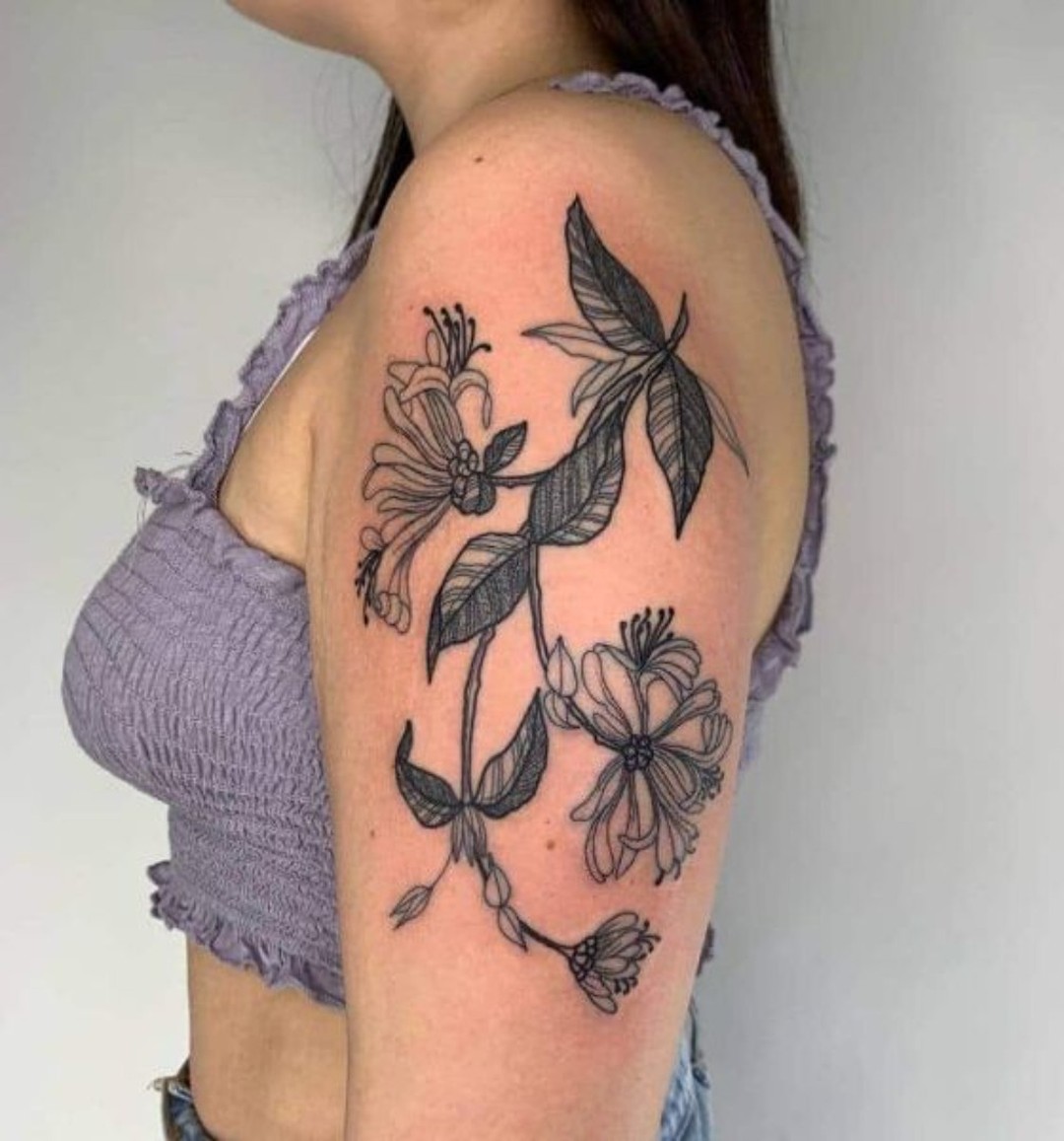 Honeysuckle Birth Flower Classy Shoulder Tattoos Female