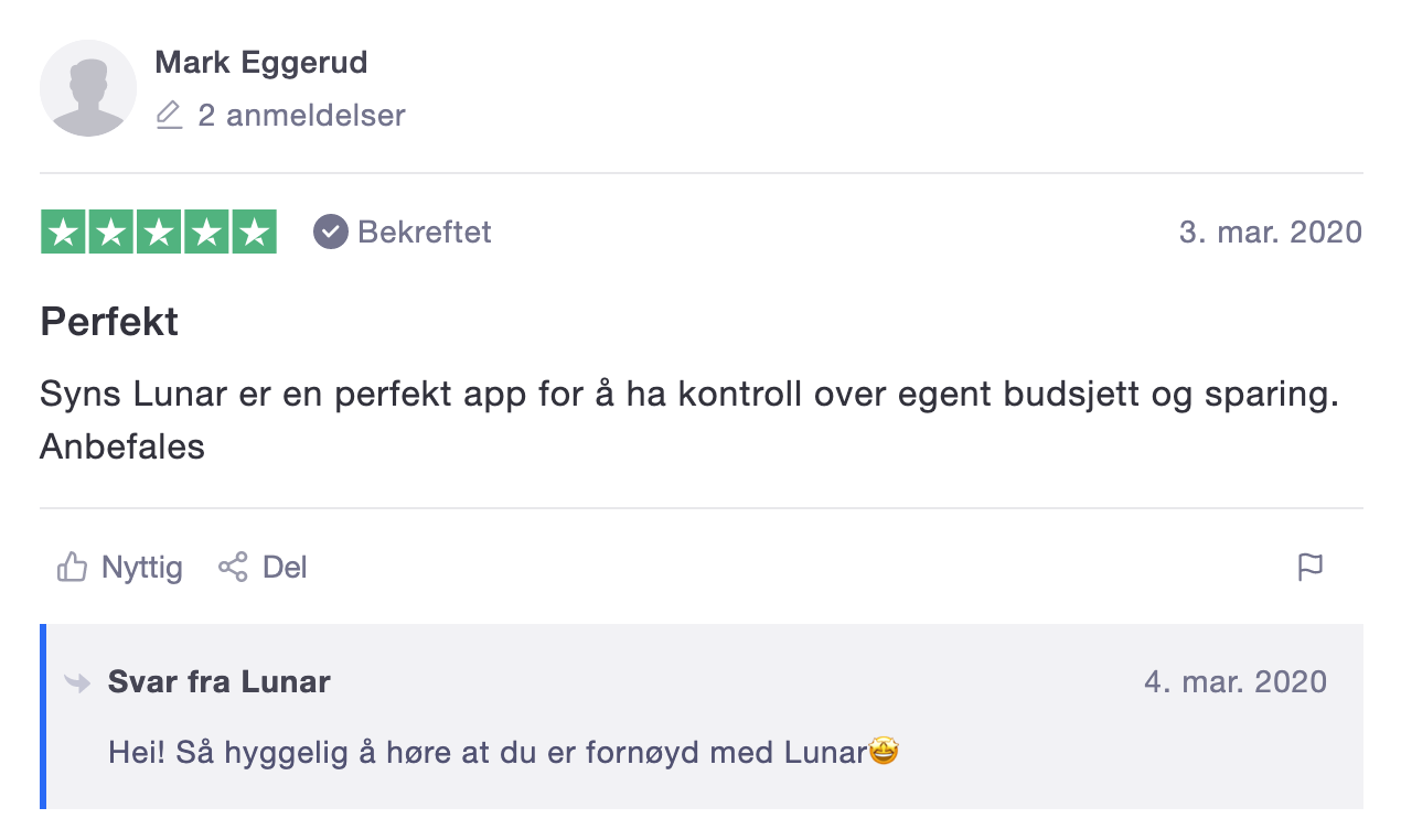 Anmeldelse av Lunar App hos TrustPilot