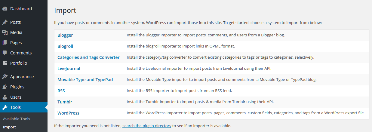 Ferramenta de importação do WordPress