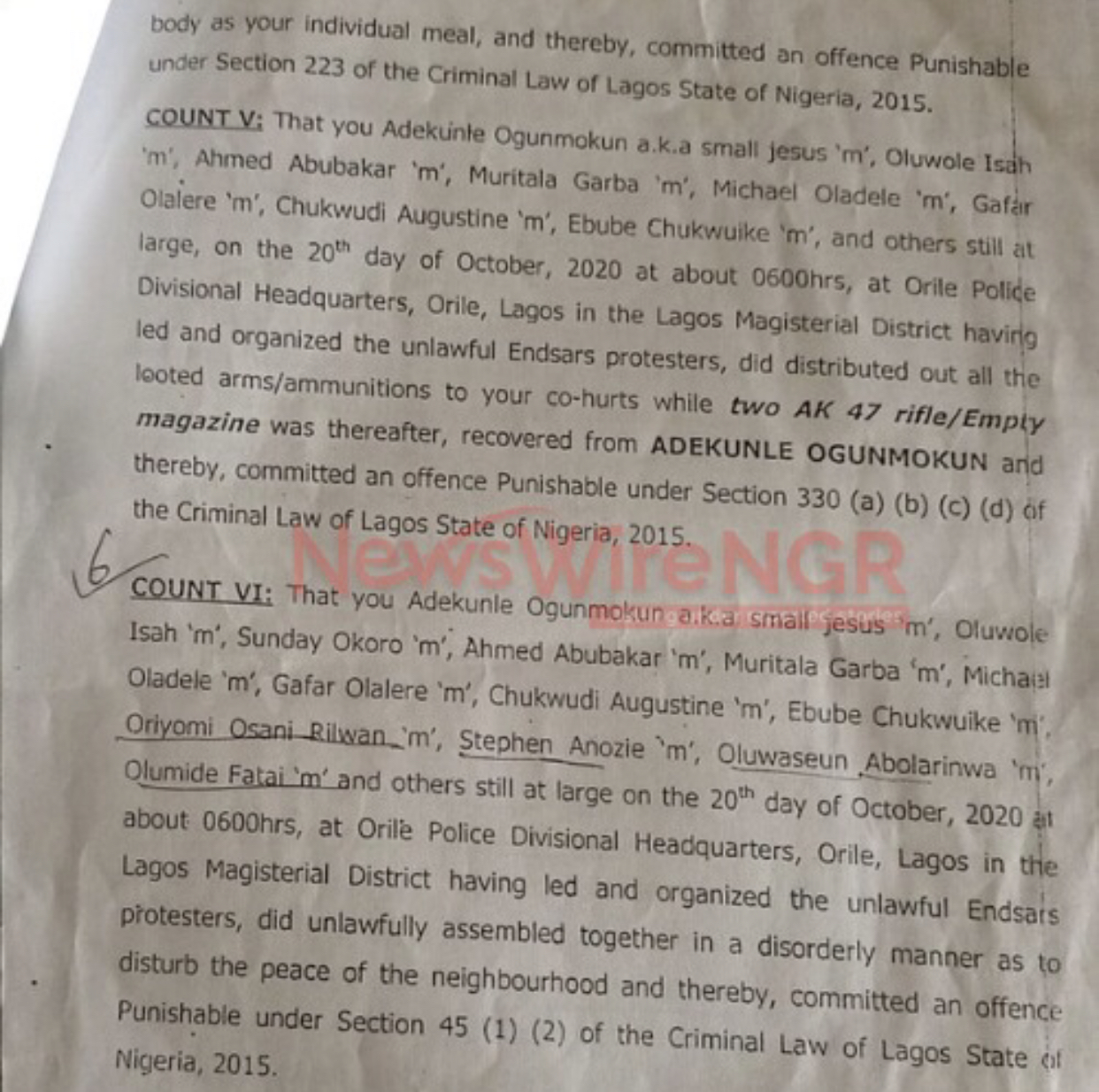 charge sheets of persons arrested in connection with the EndSARS protest in Lagos - NewsWireNGR