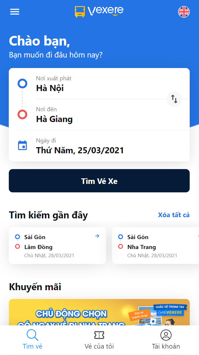 Chọn điểm đi/ điểm đến là Hà Nội - Hà Giang
