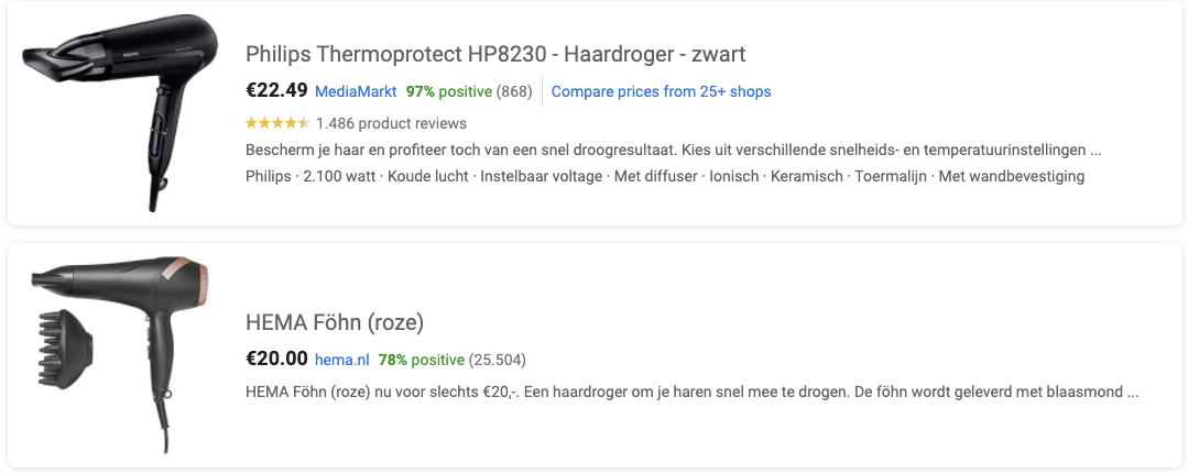 Two hair dryers on sale on Google Shopping for 20 to 22 euro