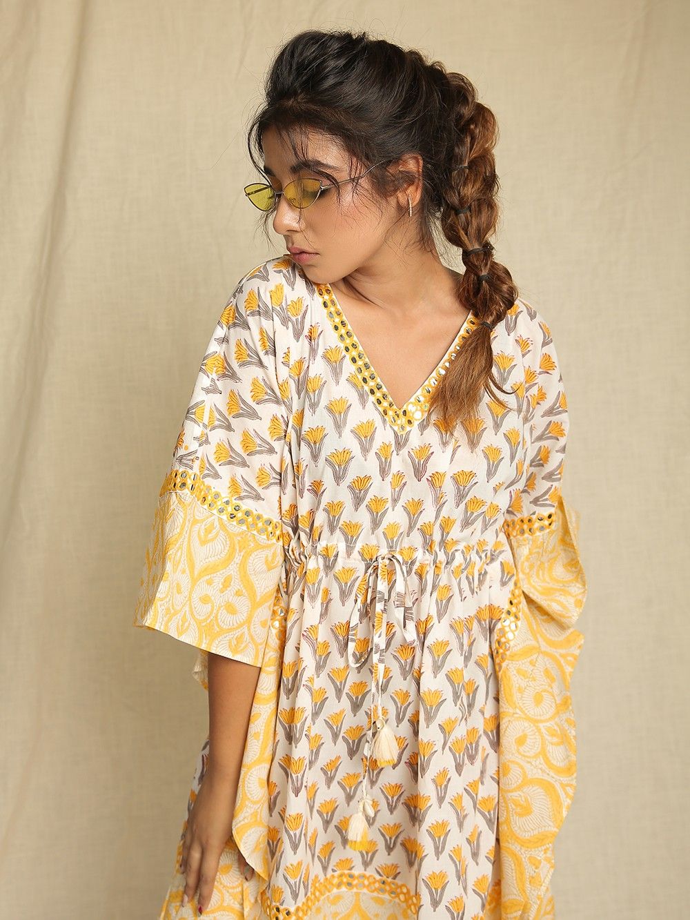 the loom - Yellow Printed Cotton Mirror Work Kaftan