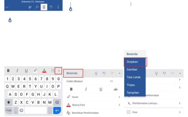 Menu sisipkan gambar di Microsoft Word for Android