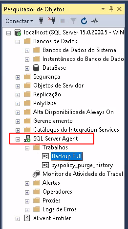 Menu do SQL Server com a opção do SQL Server Agent selecionado em vermelho destacando a rotina agendada em azul, com o nome de Backup Full.