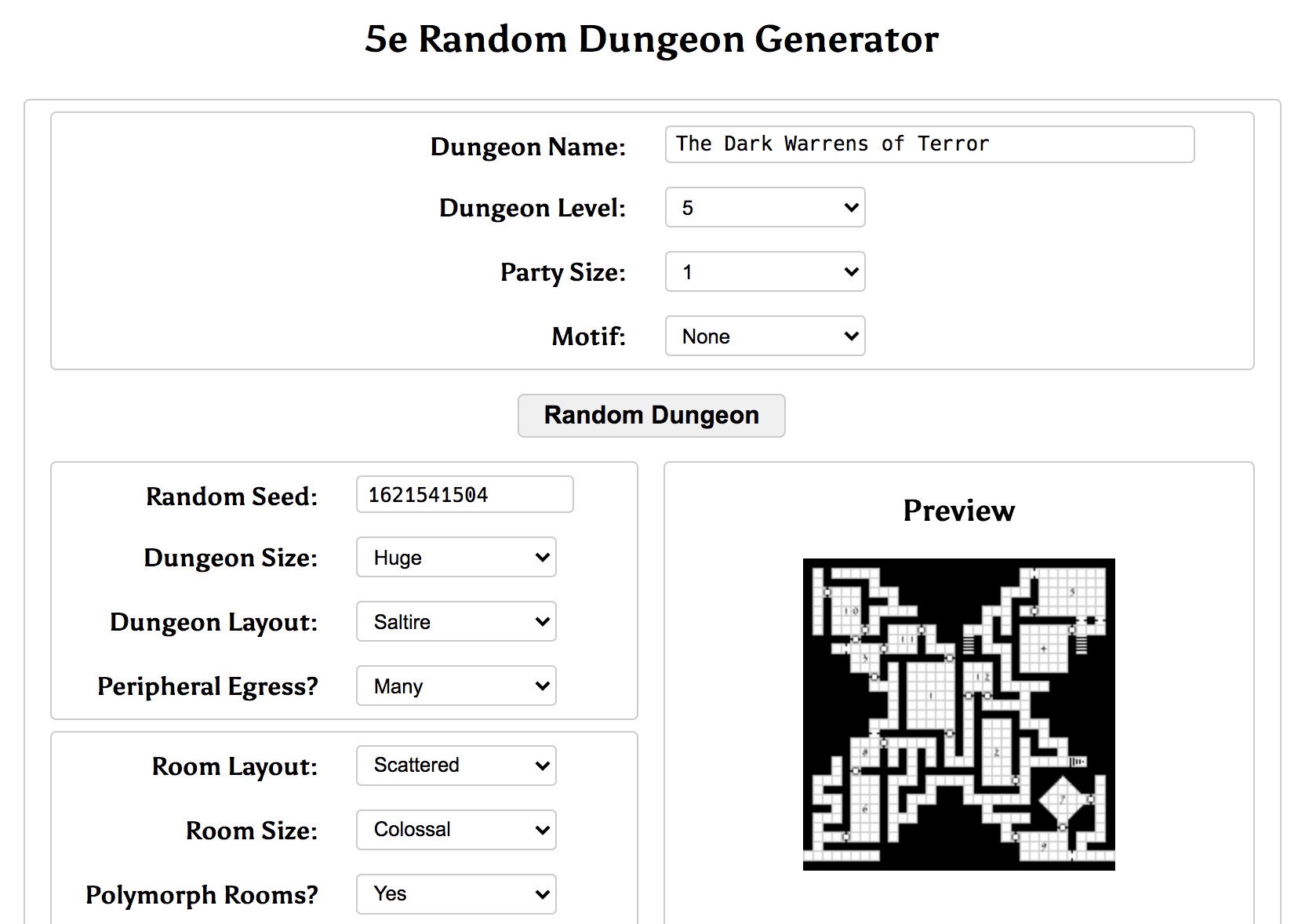 A screenshot of the 5e Random Dungeon Generator map builder, showing the selection options and a preview of a map that looks like an X. Great for playing solo D&D.