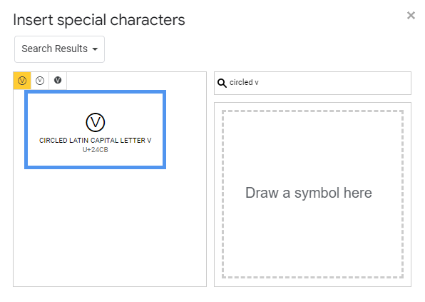 searching for Circled V symbols text in special characters in google docs