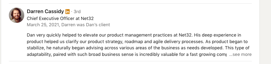 LinkedIn recommendation for a product manager from client
