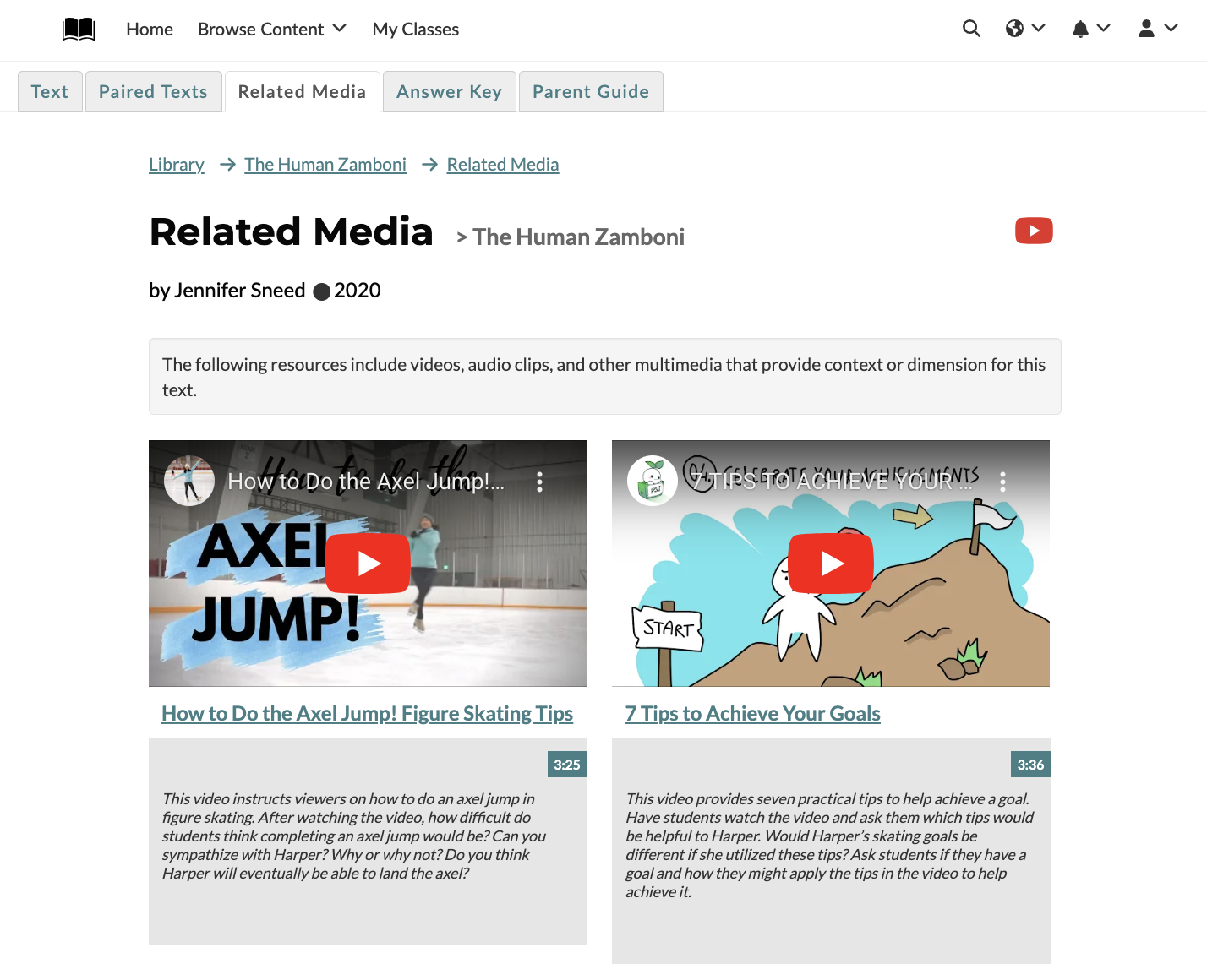  Screenshot of the Relate Media tab for the reading “The Human Zamboni.”